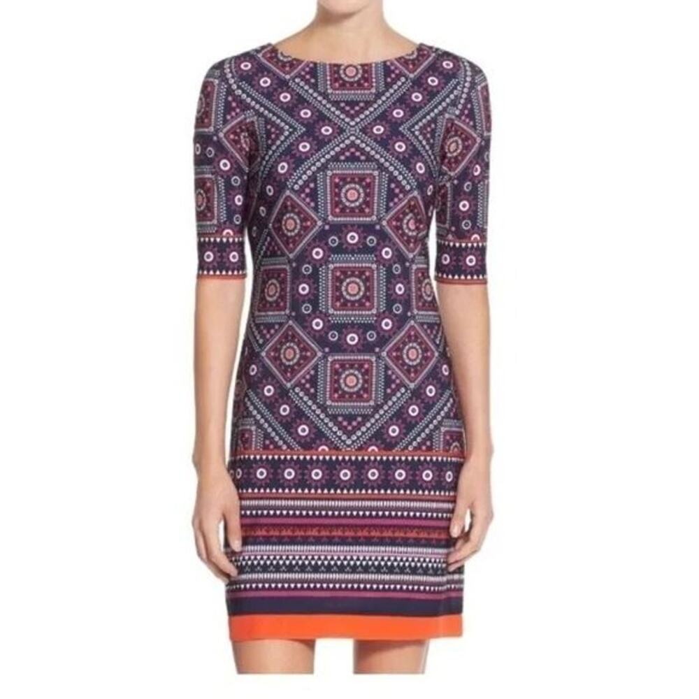 Womens Eliza J Shift Lined Mini Dress Multicolor Border Print Jersey Size 16 NWT